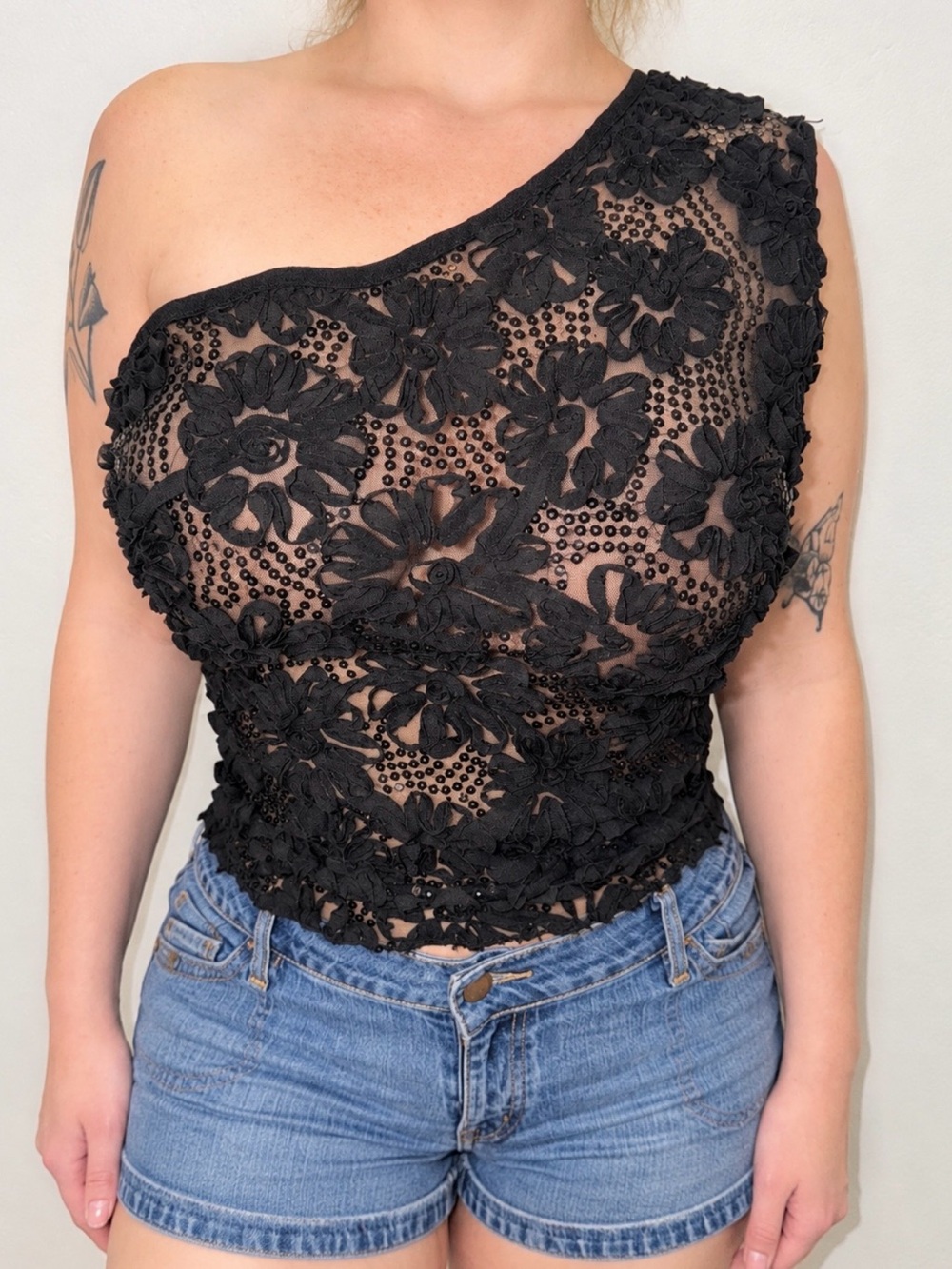 Black One-Shoulder Floral Lace Top for Women